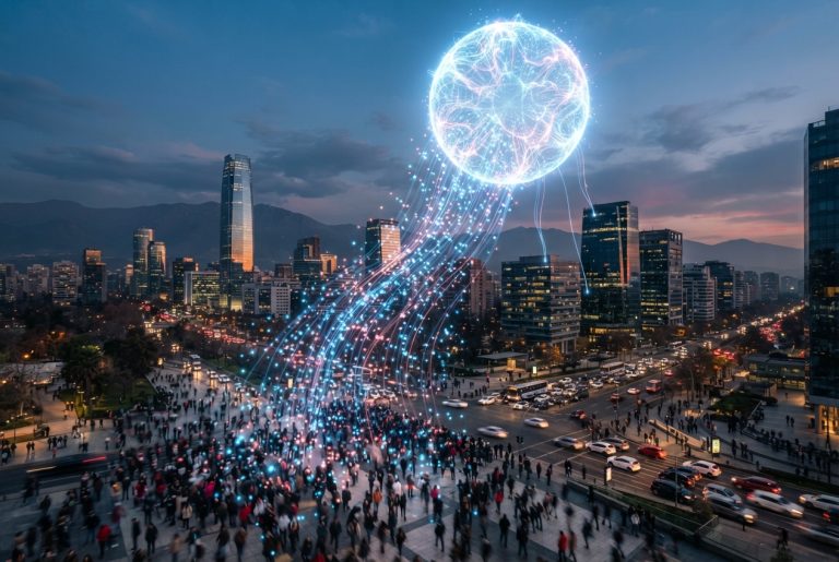Distrito empresarial de Santiago de Chile al atardecer con una esfera luminosa de inteligencia artificial en el cielo que recibe flujos de consultas simbolizando las busquedas sin clics