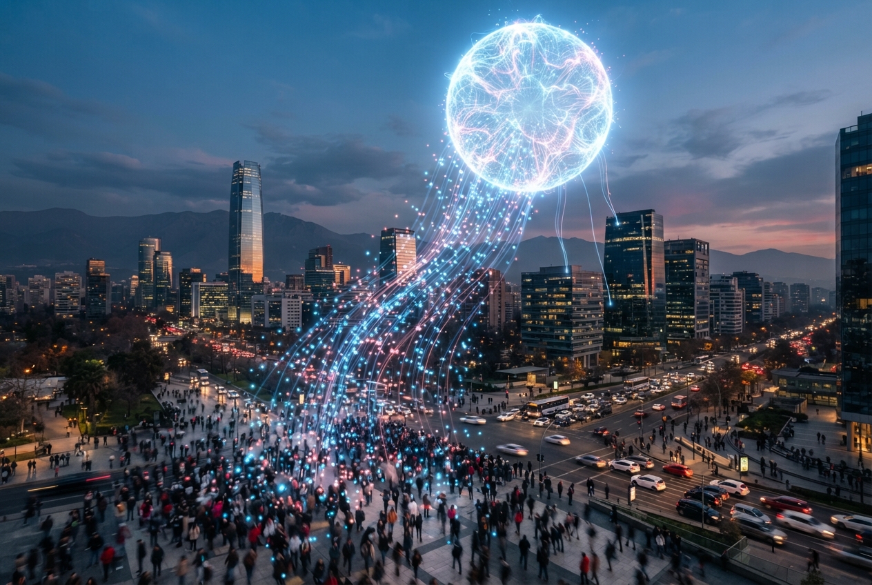 Distrito empresarial de Santiago de Chile al atardecer con una esfera luminosa de inteligencia artificial en el cielo que recibe flujos de consultas simbolizando las busquedas sin clics
